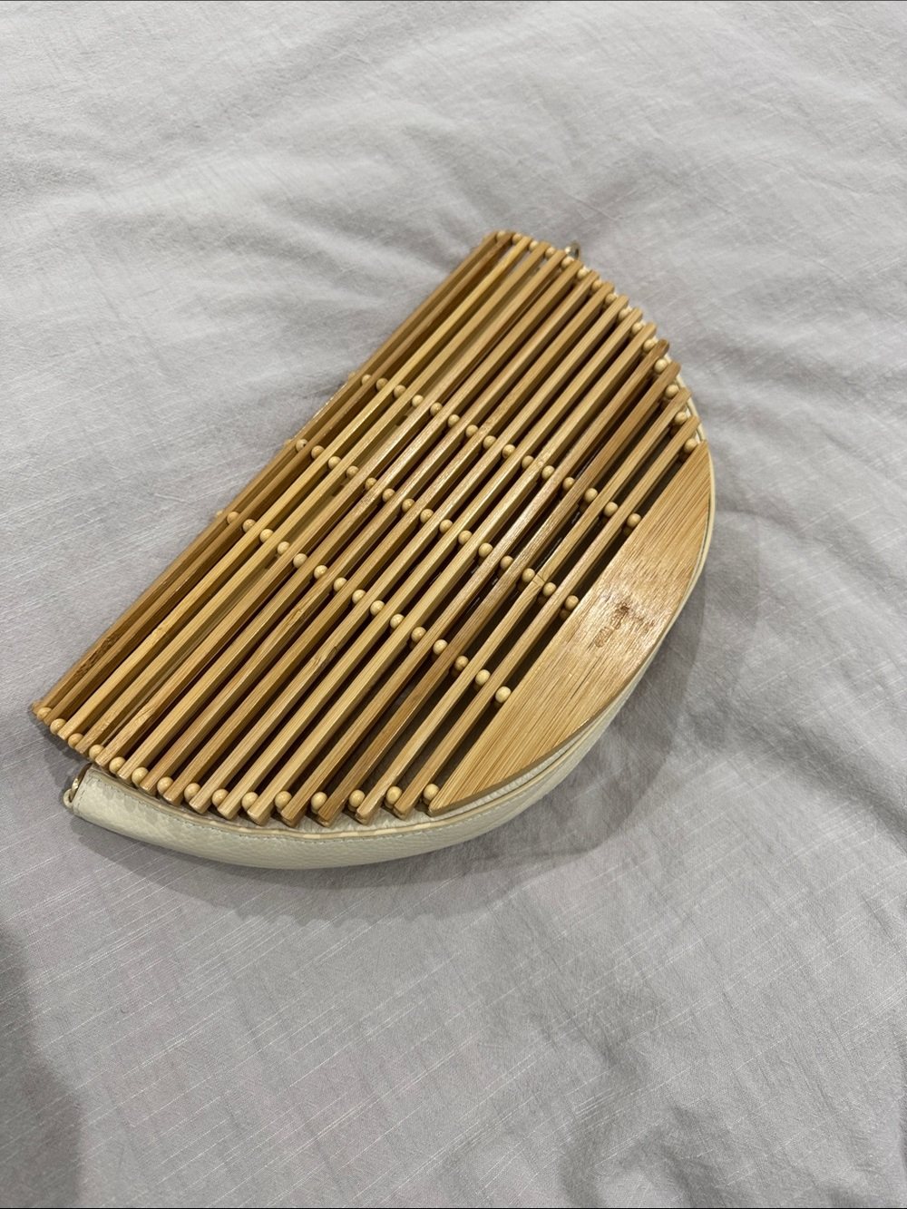 CULT GAIA Bamboo Half-Moon Clutch in Natural Wood and Cream